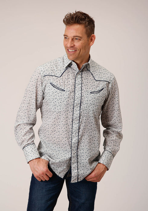 Roper Mens 1626 Retro Mini Floral Blue Cotton Blend L/S Shirt