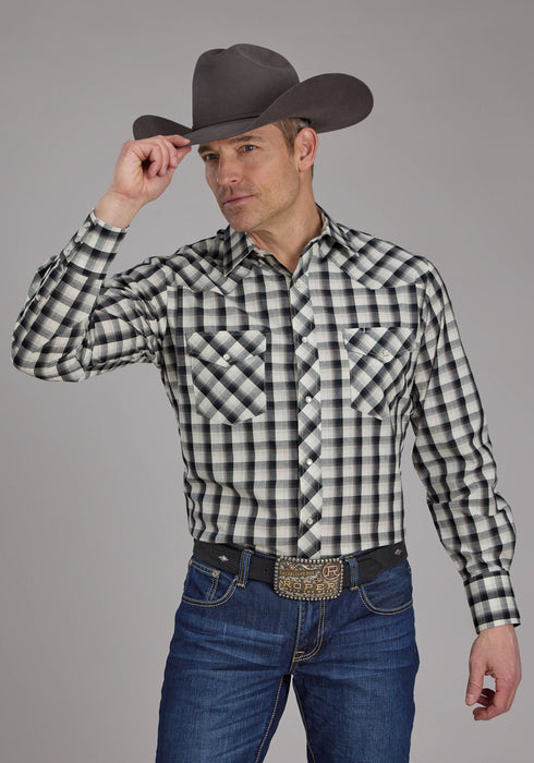 Roper Mens 2125 Plaid Blue/Black Cotton Blend L/S Shirt