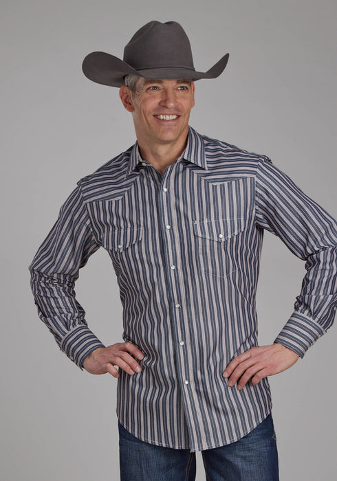 Roper Mens 2113 Stripe Dark Charcoal Grey Poly/Cotton L/S Shirt