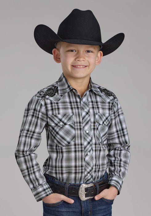 Roper Kids Boys 2126 Plaid Grey/Black Cotton Blend Rose L/S Shirt