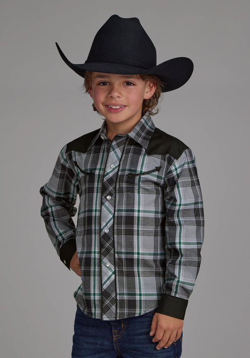 Roper Kids Boys 2105 Plaid Western Grey/Black Cotton Blend L/S Shirt