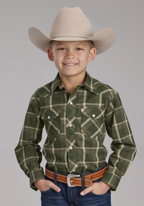 Roper Kids Boys 2127 Plaid Olive/Orange Cotton Blend L/S Shirt