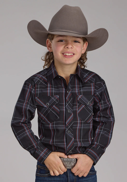 Roper Kids Boys 2130 Plaid Black/Grey Cotton Blend L/S Shirt