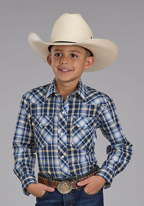Roper Kids Boys 2484 Western Plaid Navy/Light Blue Cotton Blend L/S Shirt