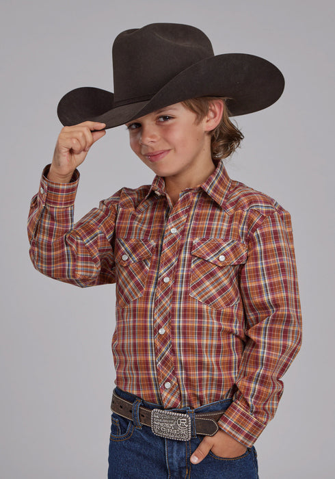 Roper Kids Boys 2110 Plaid Wine/Blue Cotton Blend L/S Shirt