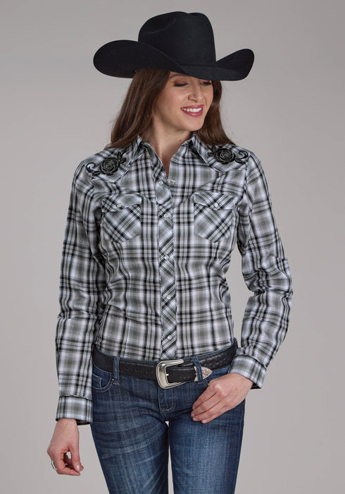 Roper Womens 2126 Plaid Grey/White Cotton Blend L/S Shirt
