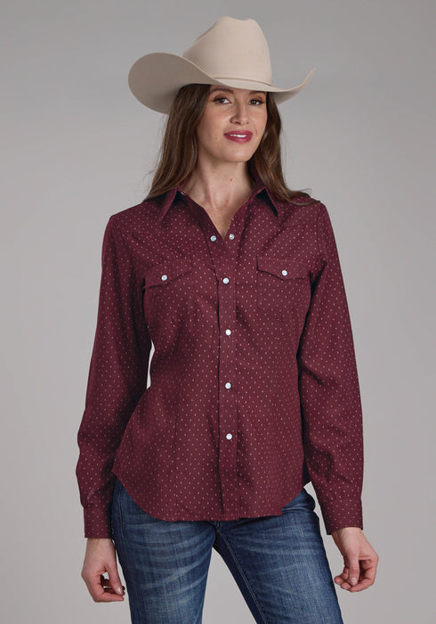 Roper Womens 2287 Dot Print Wine Cotton Blend L/S Shirt