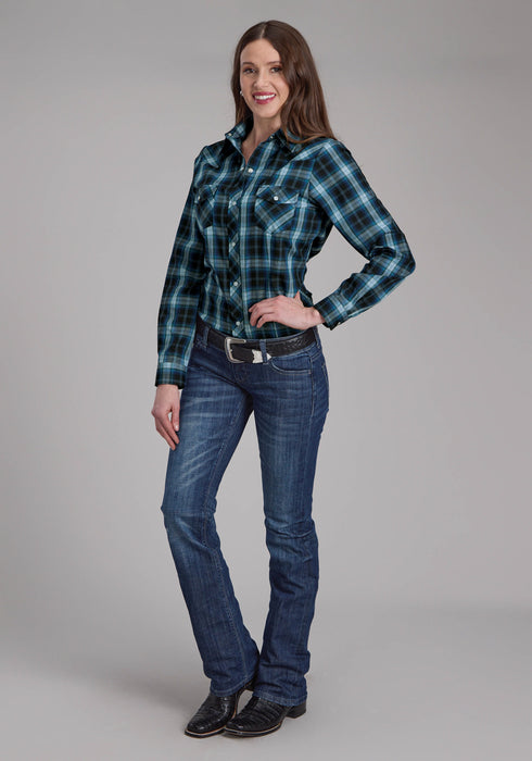 Roper Womens 2128 Windowpane Plaid Multi Blue Cotton Blend L/S Shirt
