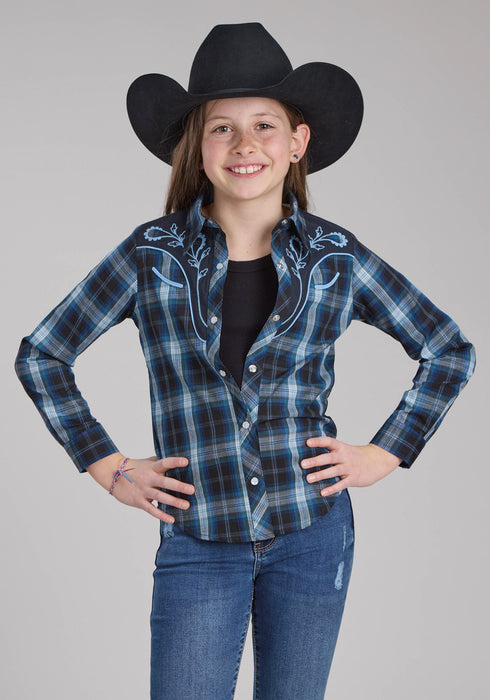 Roper Kids Girls 2128 Windowpane Plaid Multi Blue Cotton Blend L/S Shirt