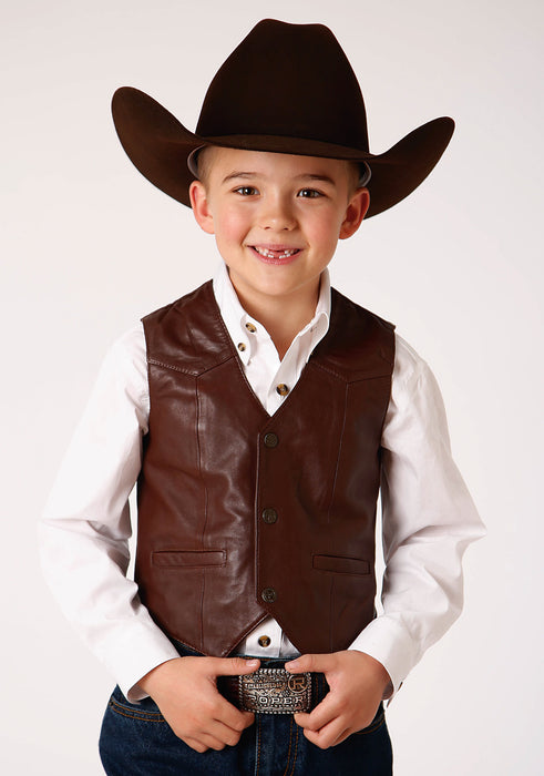 Roper Kids Boys Nappa Yokes Dark Brown Lamb Leather Leather Vest