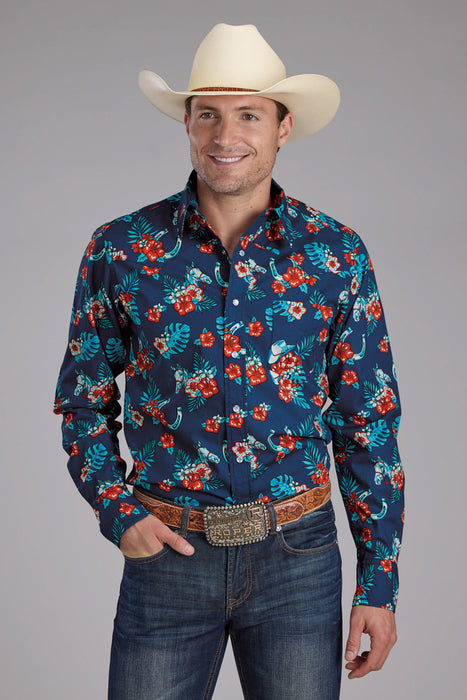 Roper Mens 2354 Hawaiian Print Blue 100% Cotton L/S Shirt