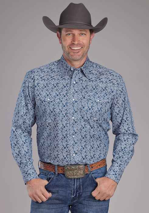 Roper Mens Prairie Paisley Blue 100% Cotton L/S Shirt