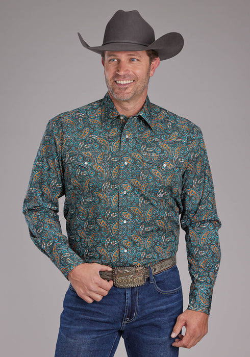 Roper Mens Dusk Paisley Blue/Brown 100% Cotton L/S Shirt