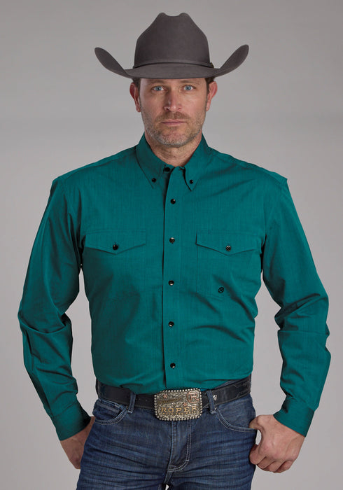 Roper Mens 2249 Black Fill Teal 100% Cotton Btn L/S Shirt