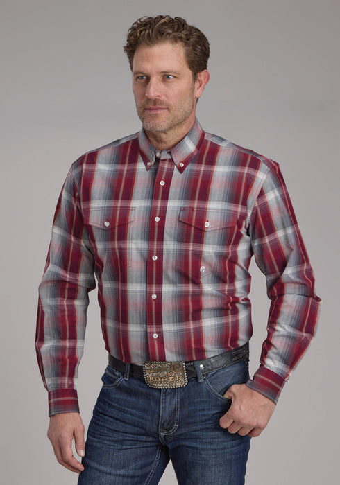Roper Mens 2248 Plaid Wine/Smoke 100% Cotton Btn L/S Shirt