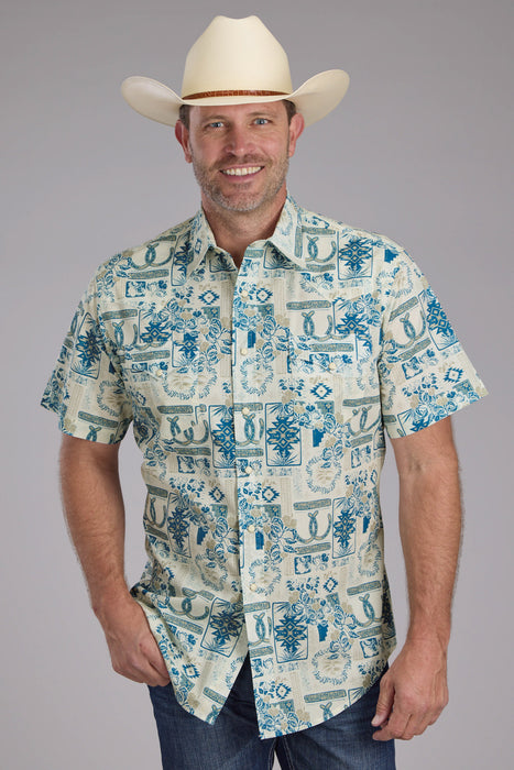 Roper Mens Tropical Resort Print Brown/Blue 100% Cotton S/S Shirt