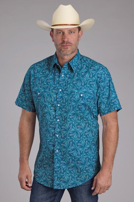 Roper Mens Denim Paisley Print Blue 100% Cotton S/S Shirt