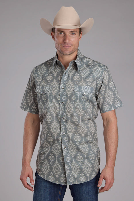 Roper Mens Horizontal Scribble Aztec Grey 100% Cotton S/S Shirt