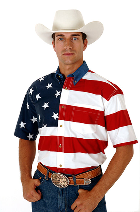 Roper Mens Stars and Stripes Red/Blue 100% Cotton Btn S/S Shirt
