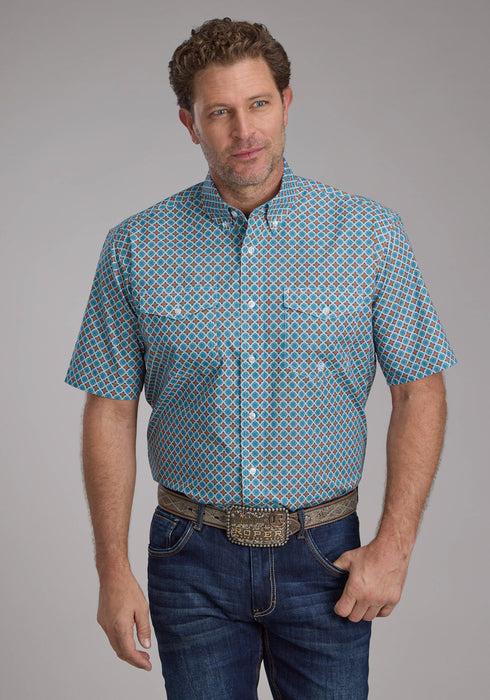 Roper Mens Turquoise Tile Foulard Blue 100% Cotton Btn S/S Shirt