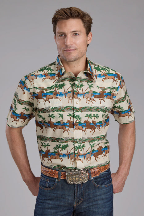Roper Mens Tropical Horses Brown/Green 100% Cotton S/S Shirt