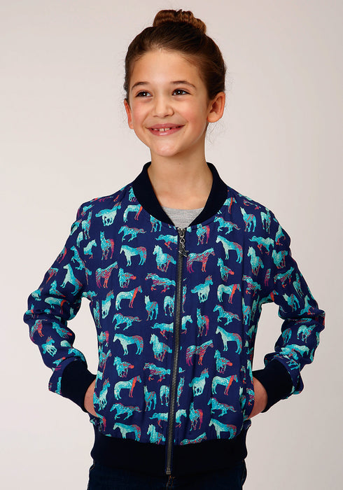 Roper Girls Blue Rayon/Nylon Wild Horse Bomber Jacket