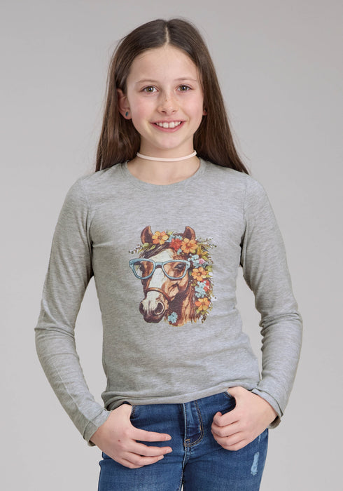 Roper Kids Girls Flower Horse Grey Cotton Blend L/S T-Shirt