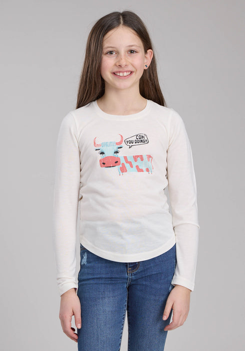 Roper Kids Girls Cow You Doing Cream Poly/Rayon L/S T-Shirt