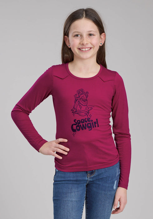 Roper Kids Girls Space Cowgirl Wine Poly/Rayon L/S T-Shirt