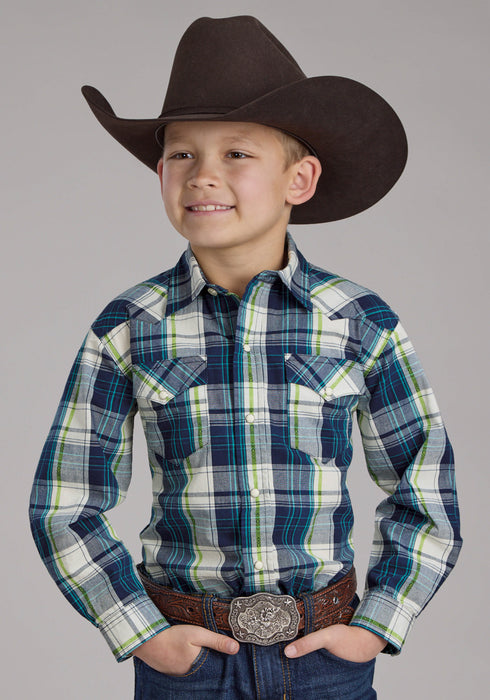 Roper Kids Boys 2183 Contrast Dobby Blue/White 100% Cotton L/S Shirt