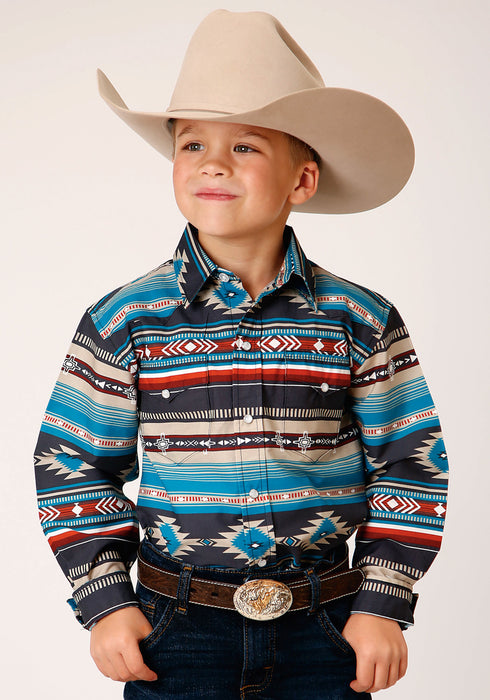 Roper Kids Boys Aztec Blanket Blue 100% Cotton L/S Shirt