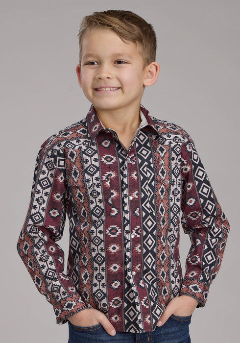 Roper Kids Boys 2178 Winter Aztec Black/Red 100% Cotton L/S Shirt