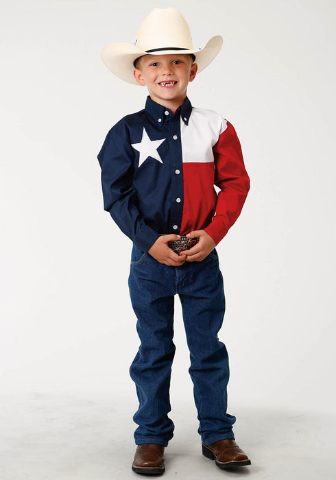 Roper Kids Boys Texas Pieced Flag Navy/Red 100% Cotton Btn L/S Shirt