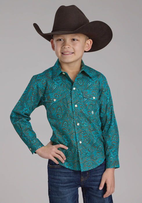 Roper Kids Boys 2238 Mallard Paisley Teal 100% Cotton L/S Shirt