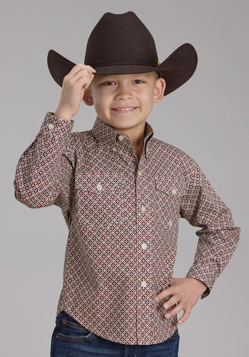Roper Kids Boys Four Point Foulard Wine Cotton Blend Btn L/S Shirt