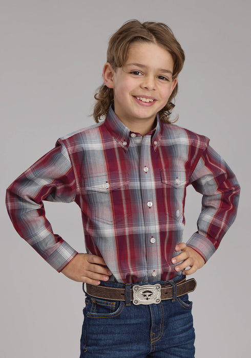 Roper Kids Boys 2248 Plaid Wine/Smoke 100% Cotton Btn L/S Shirt