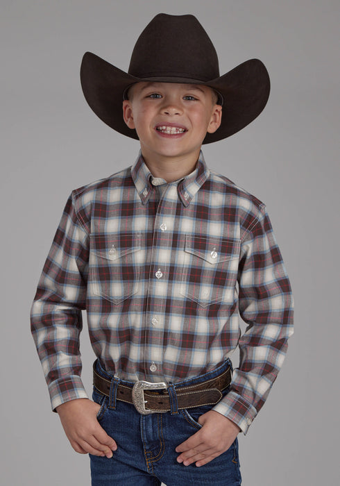 Roper Kids Boys 2164 Stretch Plaid Brown Cotton Blend Btn L/S Shirt
