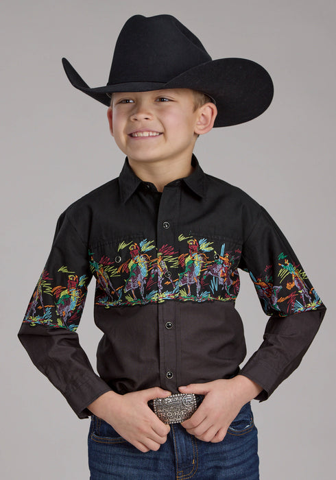 Roper Kids Boys Scribble Bullriders Black 100% Cotton L/S Shirt