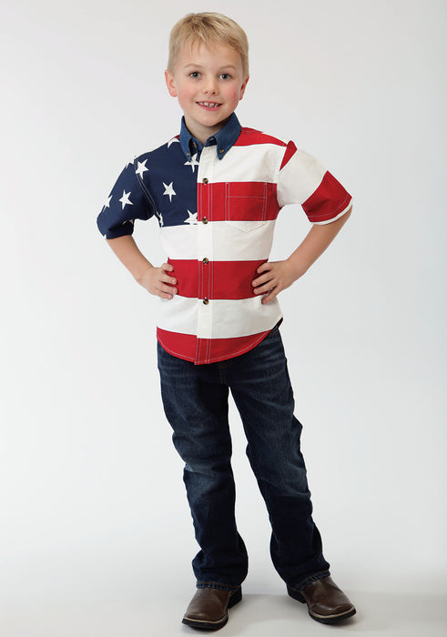 Roper Kids Boys USA Flag White/Blue 100% Cotton S/S Shirt
