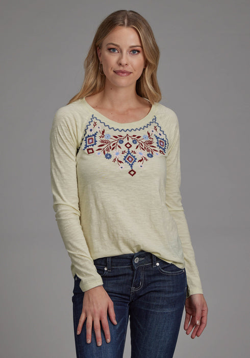 Roper Womens Embroidered Floral Cream 100% Cotton L/S T-Shirt
