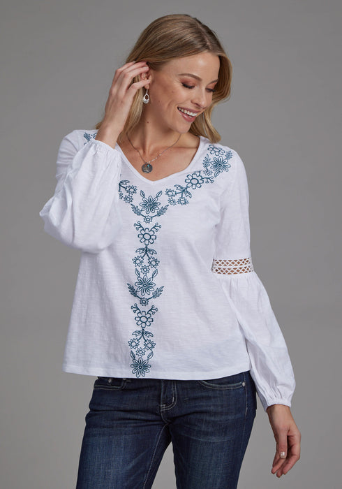 Roper Womens Crochet Bishop Sleeves White 100% Cotton L/S Blouse