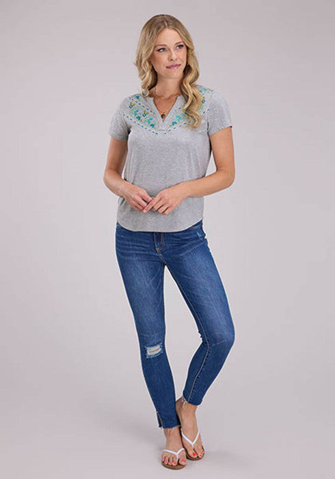 Roper Womens Banded Collar Embroidery Grey Poly/Cotton S/S Tunic