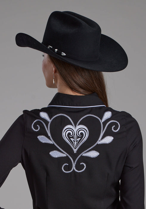 Roper Womens Heart Twill Retro Black Poly/Spandex L/S Shirt