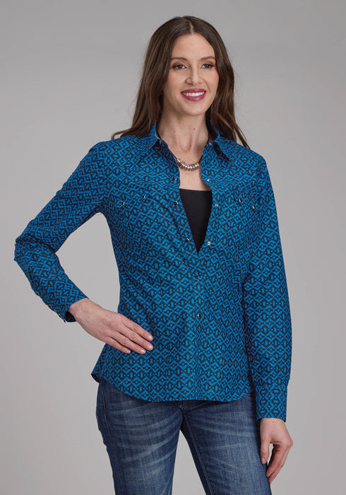Roper Womens 2181 Aztec Tile Blue 100% Cotton L/S Shirt
