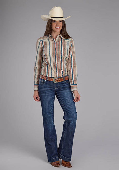 Roper Womens Southwest Vertical Stripe Tan/Blue 100% Cotton L/S Shirt