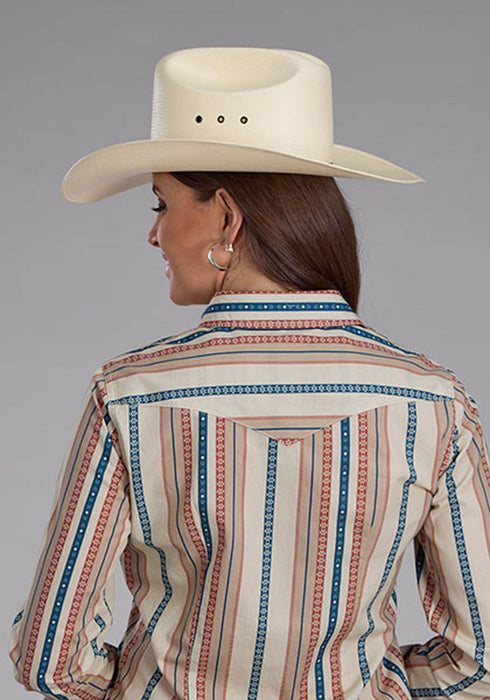Roper Womens Southwest Vertical Stripe Tan/Blue 100% Cotton L/S Shirt