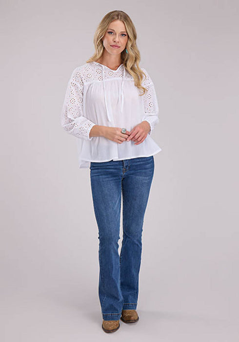 Roper Womens Self Tie Eyelets White 100% Cotton L/S Blouse