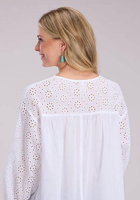 Roper Womens Self Tie Eyelets White 100% Cotton L/S Blouse