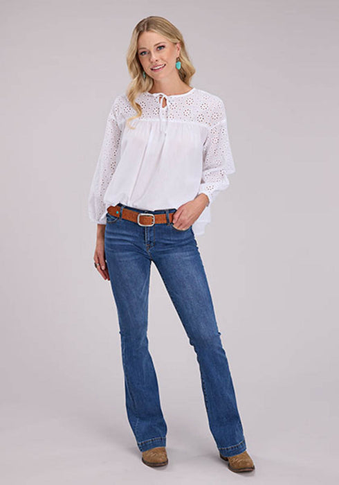 Roper Womens Self Tie Eyelets White 100% Cotton L/S Blouse