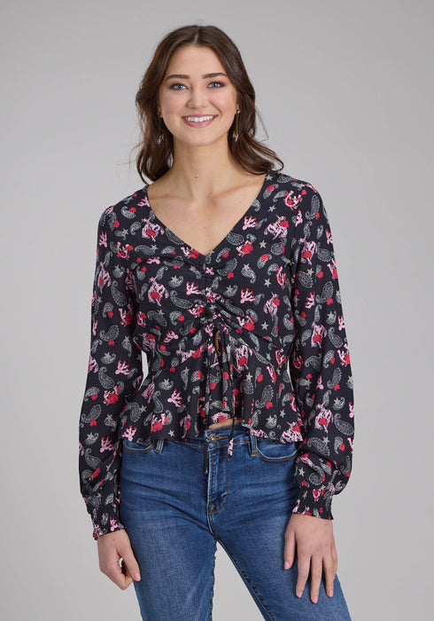 Roper Womens Bronc Rider V-Neck Black 100% Rayon L/S Blouse